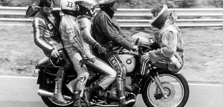Five men on a motorcycle June 1974