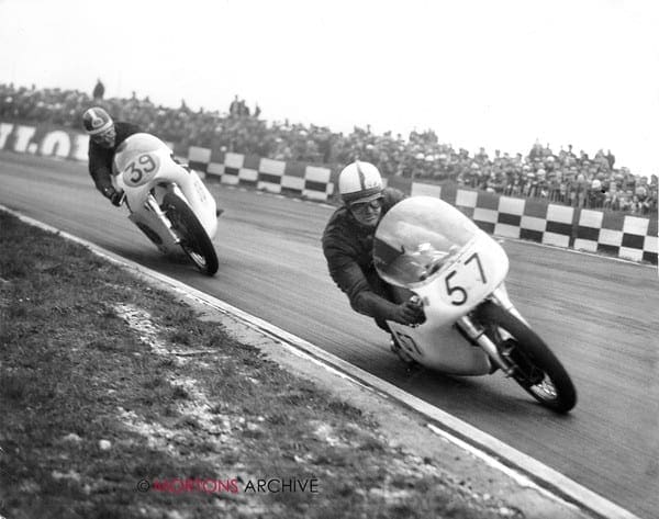 Derek Minter leading Mike Hailwood at Oulton Park in April 1961.