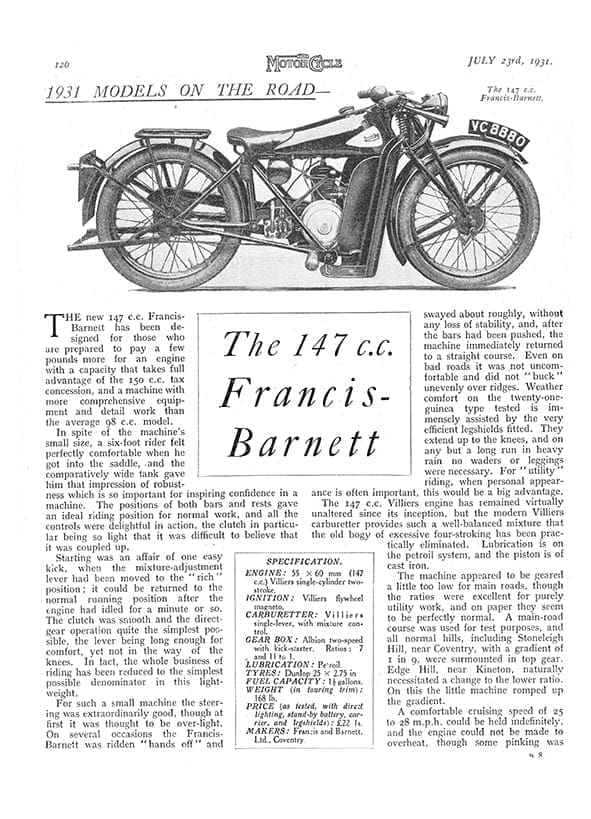 Francis Barnett 147cc 1931 Road Test - PDF Download