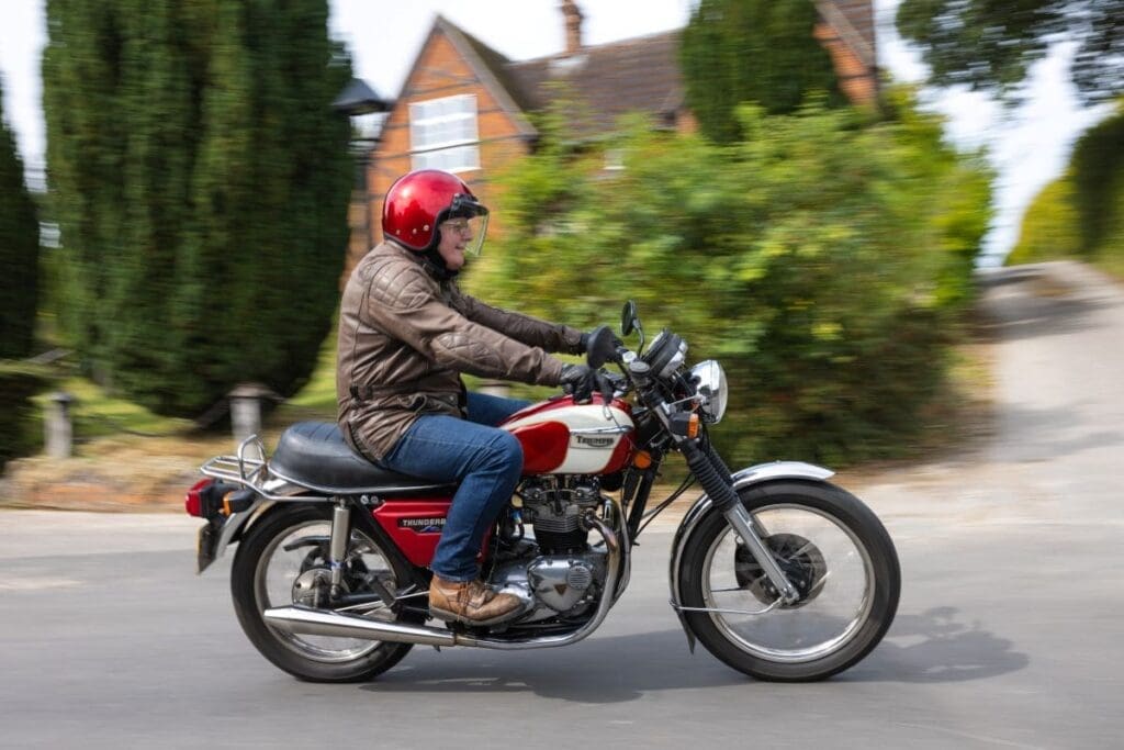 Tim riding 1982 Triumph TR65 Thunderbird