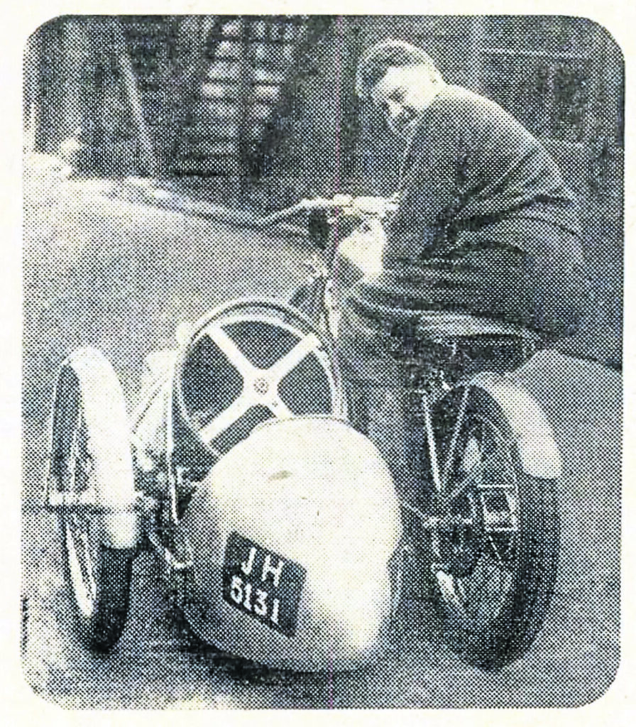 In 1933, the Daily Mirror published this photo of Alan Bruce on a new racing machine built at Stevenage, Herts. The caption read, ‘The sidecar is fitted with a steering wheel to help in cornering.’