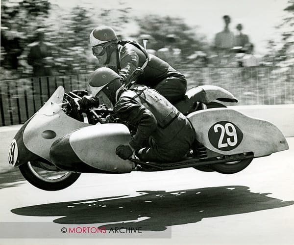 Stan Nightingale and passenger R C Bean on a 500cc Norton in the 1963 Sidecar TT