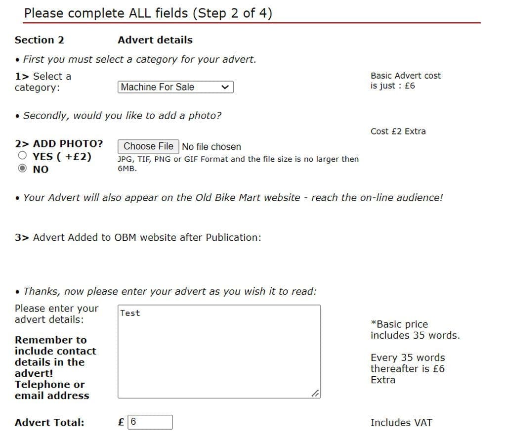 Classifieds form step two