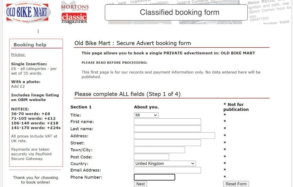 Classifieds Booking form 