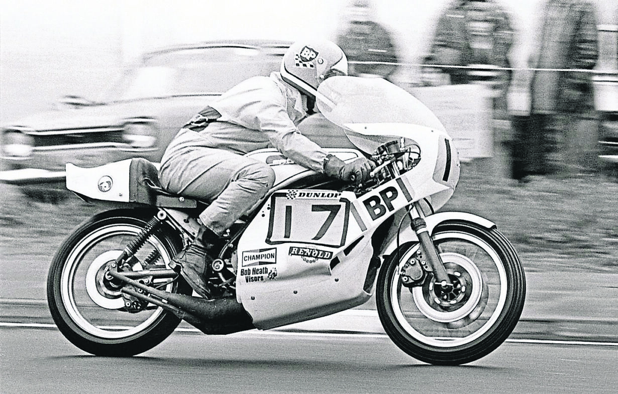 Martin Sharpe on his way to victory in the 1976 North West 200 aboard a Sparton.