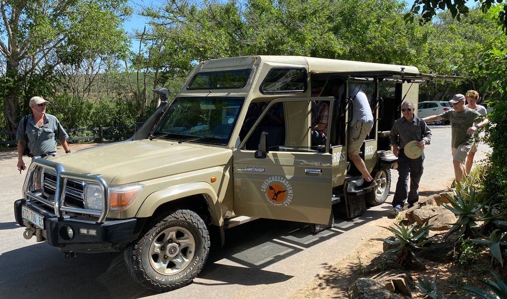 Elephant safari 1 The group get ready to climb into their safari jeep.