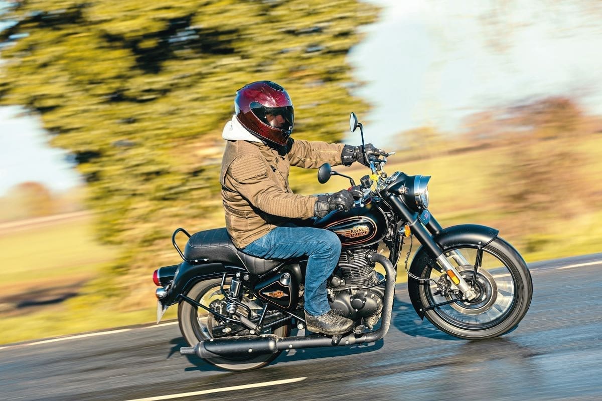 Side shot of riding a Royal Enfield 350 Bullet