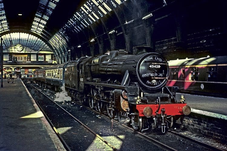 Having earlier been refurbished and repainted for Royal Train duties, immaculate Holbeck-based LMS ‘Black Five’ No. 45428 (now preserved) stands in the long-closed terminus of Bradford Exchange with the enultimate steam train on the Eastern Region, the 2.20pm to Leeds (conveying through carriages to King’s Cross) on October 1, 1967. Credit: DAVE RODGERS