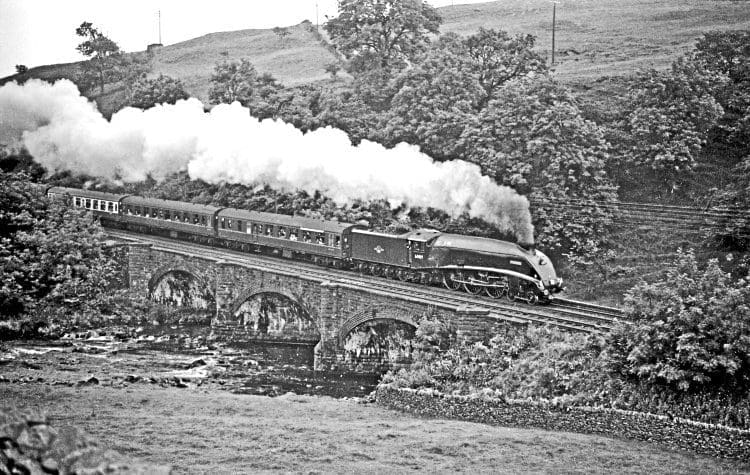 Preserved LNER A4 Pacific No. 60019 Bittern passes Sherriff's Brow on the Settle & Carlisle line at 60mph with an RCTS tour from Leeds to Glasgow on July 16, 1967. MAURICE BURNS