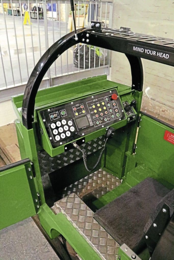 The driving cab of the Severn Lamb train. 