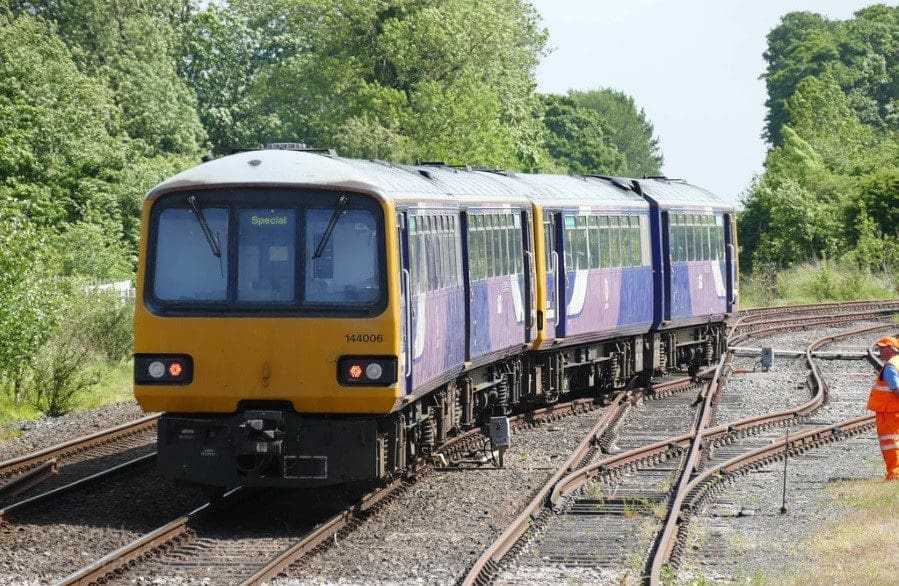 Class 144 Pacers Nos. 144006/7 were driven from Keighley, West Yorkshire to Gobowen, Shropshire on May 22. They are seen at Gobowen – the second track from the right in the distance heads off to Oswestry. PHIL BRADLEY/CHR