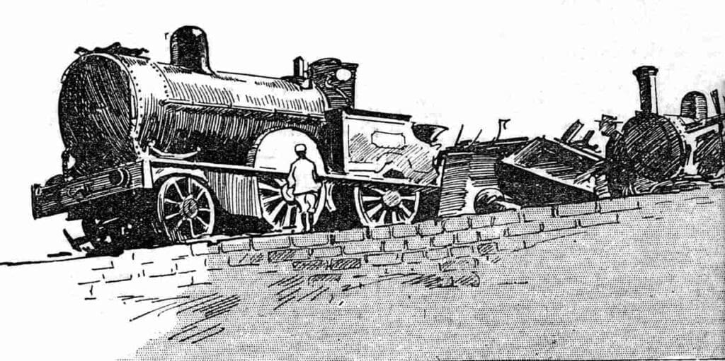 A contemporary sketch of the wreckage at Preston station after the early morning fatal crash on July 13, 1896. The crash provoked an overnight shift in public opinion against speeding trains, and was one of the reasons why the GWR kept quiet about City of Truro’s feat on Wellington Bank for 18 years. 