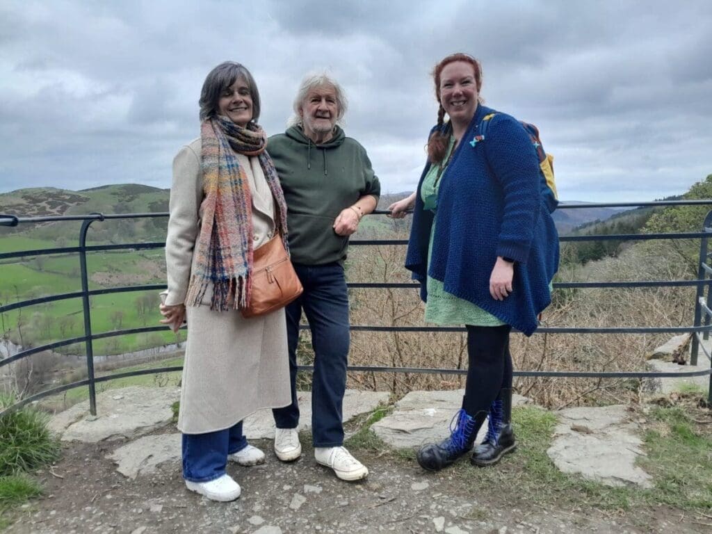 Louise with 2 happy customers at the viewing point at Coed Pen y Pigyn