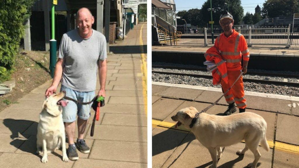 Asha the dog with owner left and rescuer right. Photo: Network Rail