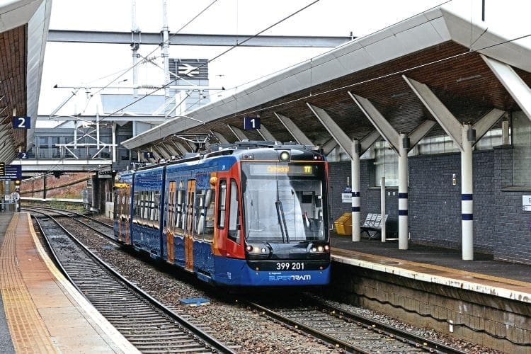 No. 399201 passes through the heavy rail platforms at Rotherham Central on March 7 with a service towards Sheffield Cathedral.