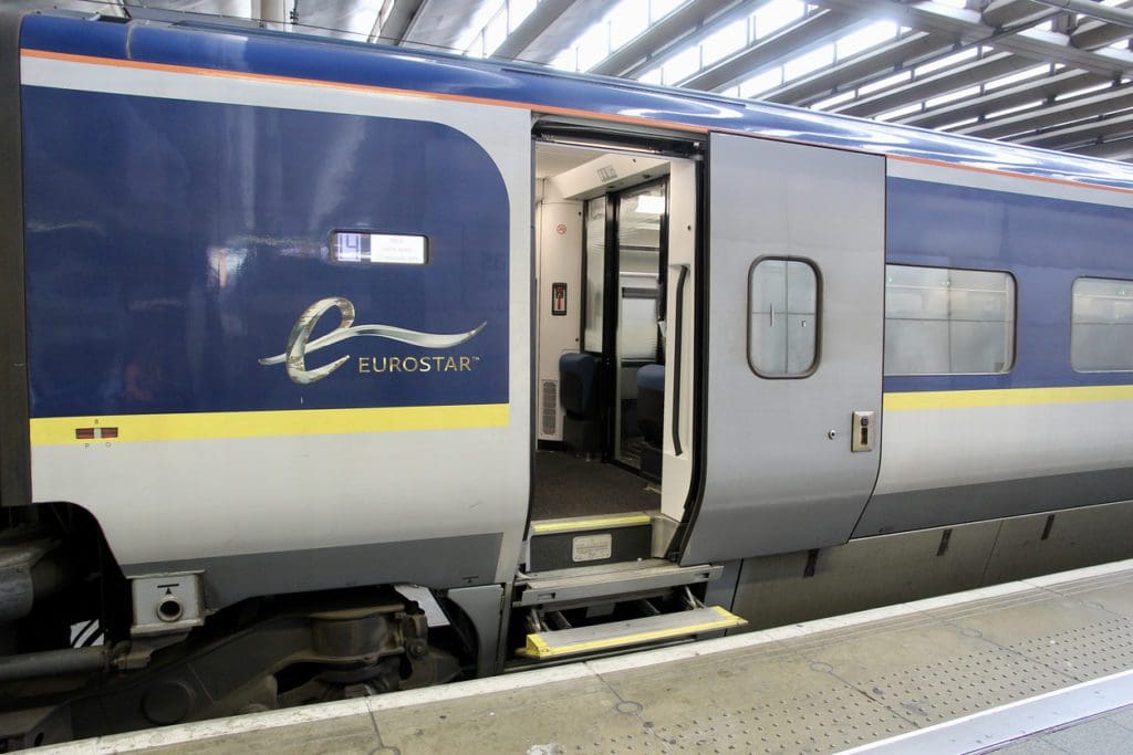 London, England - 01 August 2022 Open door of a Eurostar train at the platform at St Pancras International station