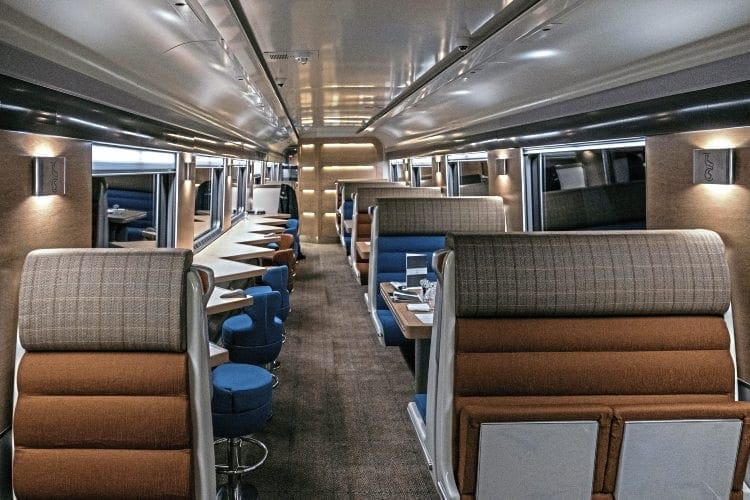 Club Car seating is arranged in convivial booths for groups and individual stools for solo passengers. PAUL SMITH