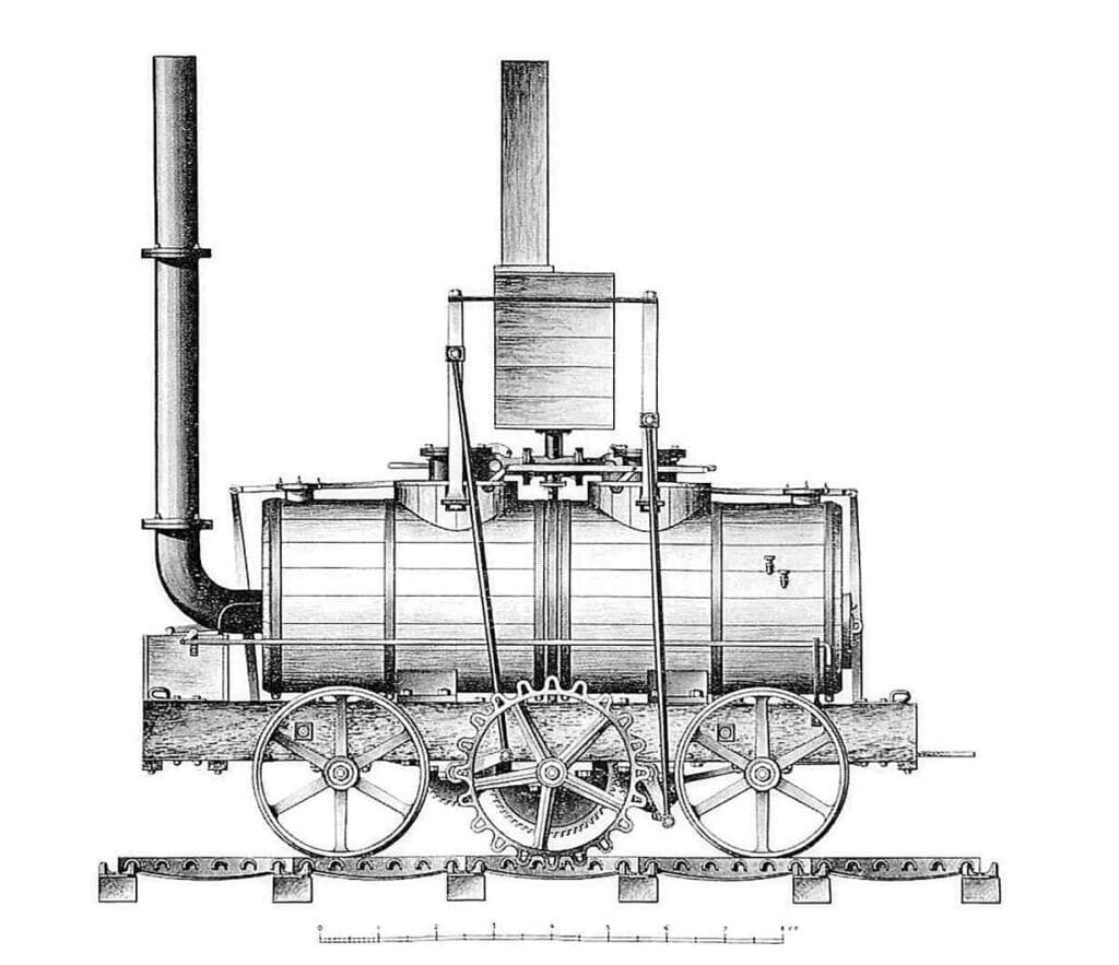 John Blenkinsop’s rack-and-pion locomotive Salamanca of 1812. It impressed on the Middleton Colliery railway, but others remained unconvinced about the concept’s superiority over adhesion-worked railways. In turn, William Hedley showed adhesion-worked lines were superior, as demonstrated by his Puffing Billy locomotive.