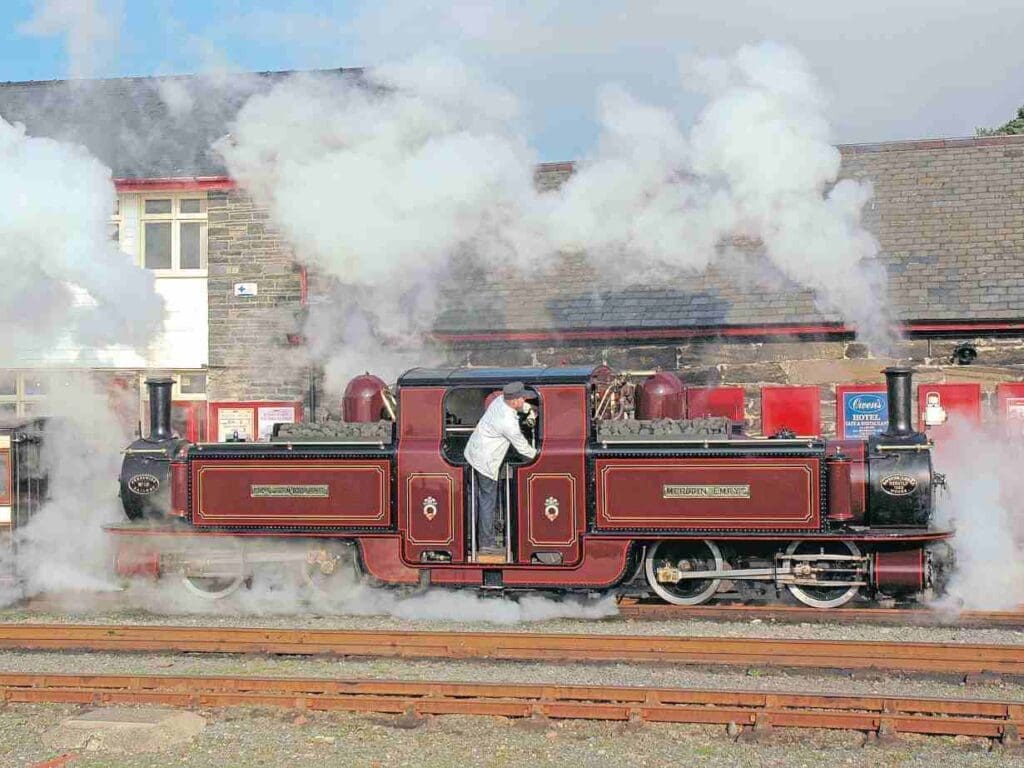 Double Fairlie Merddin Emrys at Harbour station, Porthmadog, where the Ffestiniog Railway joins the Welsh Highland Railway. The locomotive dates from 1879. JAMES WAITE/Ff&WHR