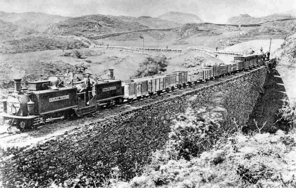 The Festiniog Railway’s first Fairlie, Little Wonder, at Porthmadog in the 1870s. It brought its designer fame and fortune with a bumper order book from impressed overseas buyers. FR CO ARCHIVES