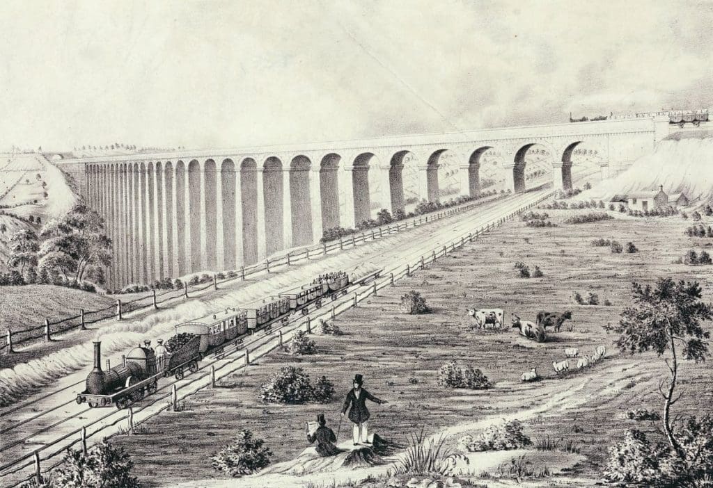A drawing of the Crimple Valley Viaduct on the outskirts of Harrogate, showing the York & North Midlands line from Church Fenton to Harrogate passing over the Leeds & Thirsk Railway, which bypassed the town centre. The viaduct is still in use today by trains running on the Leeds to York via Harrogate Line.