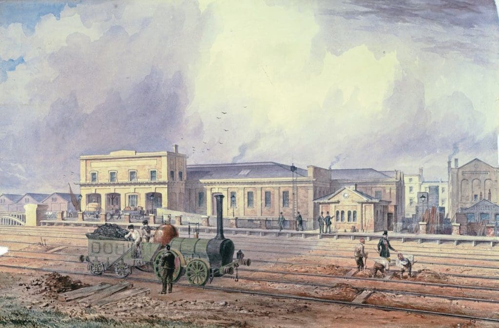 A watercolour of Camden Town Station around 1845.