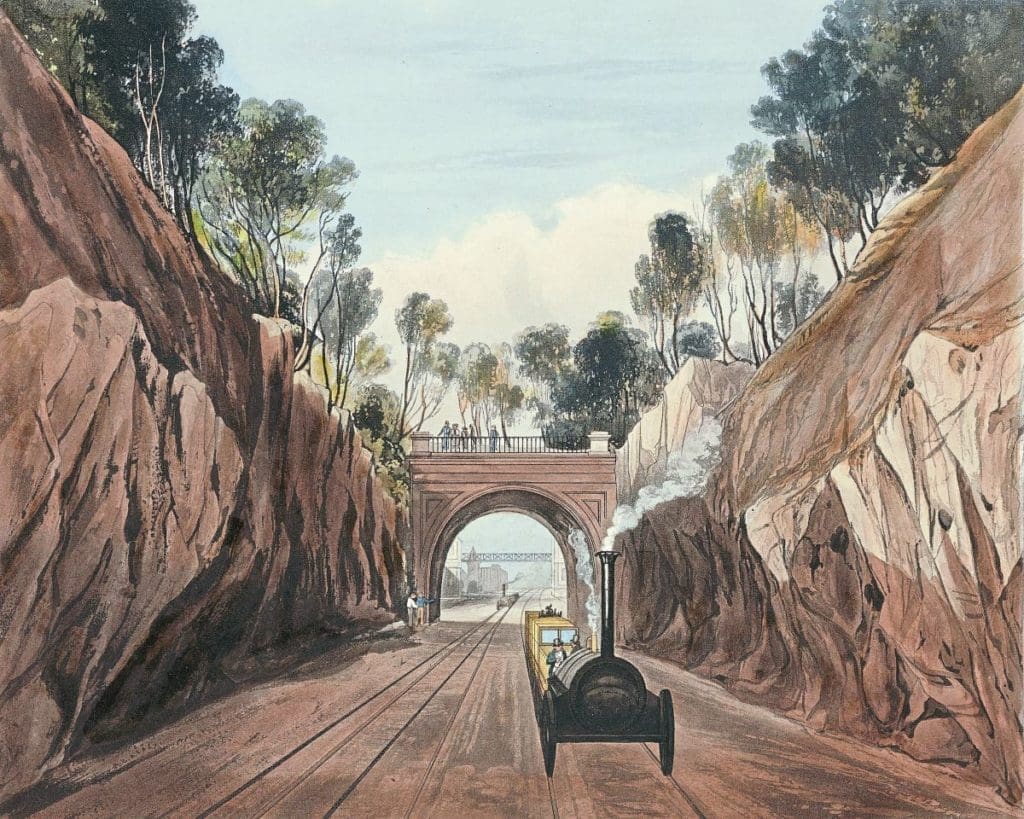 A painting of the railway between Dublin and Kingstown (now called Dun Laoghaire) in 1834. The Dublin & Kingstown Railway was Ireland’s first passenger line.
