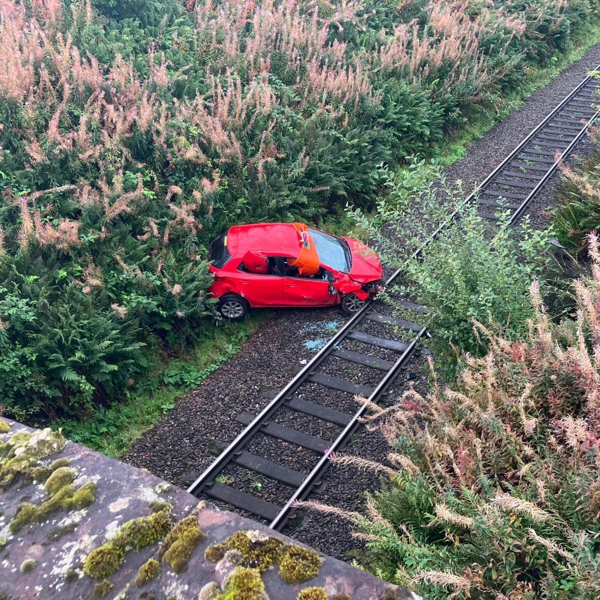 Car crashes onto track in Perth and Kinross