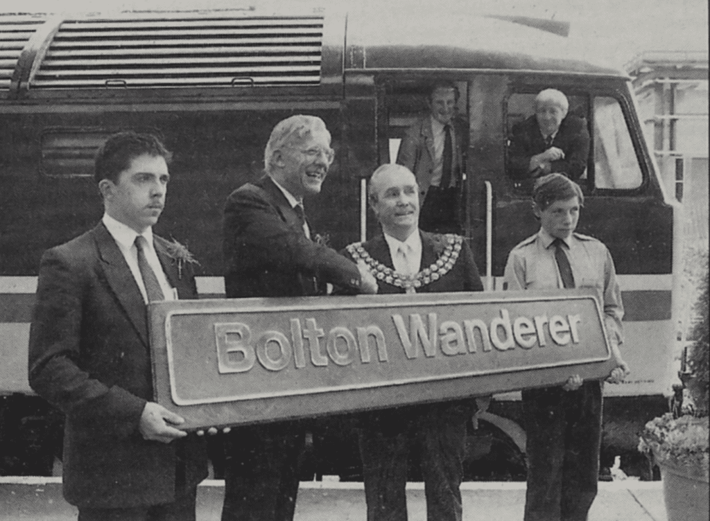 All smiles at the Bolton naming ceremony on Friday, June 9 of long-range class 47 No. 47 813. The legendary footballer Nat Lofthouse also attended the event. Photo: G. Kelly.