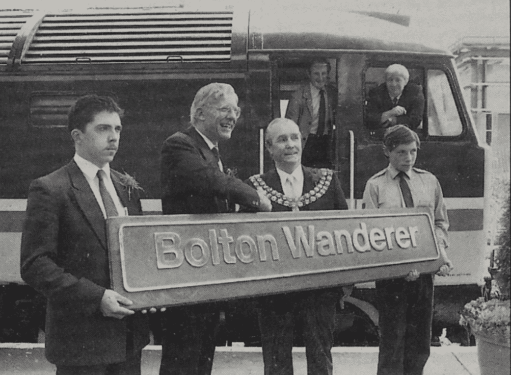 All smiles at the Bolton naming ceremony on Friday, June 9 of long-range class 47 No. 47 813. The legendary footballer Nat Lofthouse also attended the event. Photo: G. Kelly.