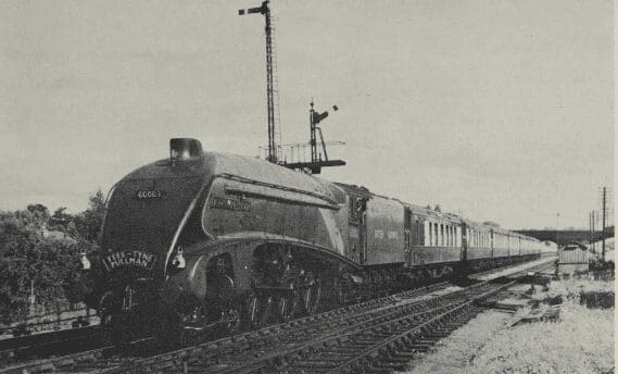 Down “Tees-Tyne Pullman” passing Potters Bar on July 29, 1949, hauled by “A4” Pacific No. 60003, “Andrew K. McCosh”