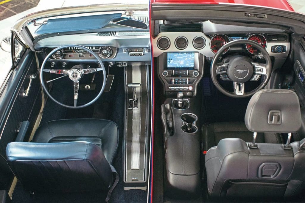 The drivers seat and dash of the 1965 and 2015 Mustang from above