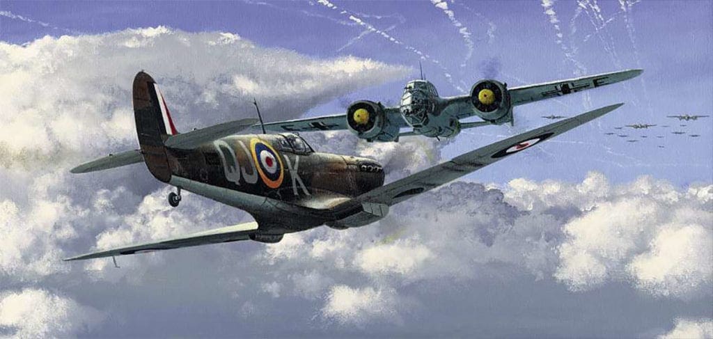 'Against all Odds' is a painting by Philip E West of SWA Fine Art Publishers depicting Geoffrey Wellum's head-on encounter with a Dornier Do 215 on 11 September 1940 while flying Spitfire I K9998 QJ-K, which P7350 now represents. Courtesy SWA Fine Art Publishers/www.swafineart.com
