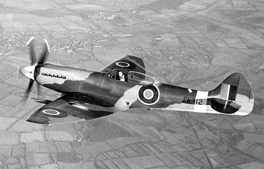 Alex Henshaw photographed test-flying spitfire F22 PK132 offer it had been modified at Castle Bromwich in April 1945