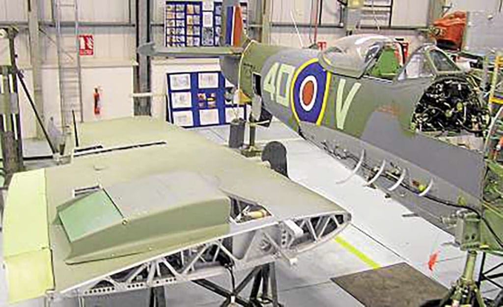 Fuselage of TE311 at Coningsby in February 2010 with the starboard wing alongside. Note the late-war 74 Squadron code 4D-V.