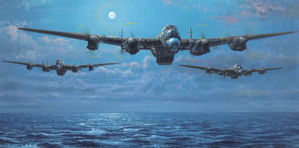 ‘Enemy Coast Ahead’ by Philip E West depicts a wave of three Lancasters of 617 Squadron led by Wg Cdr Guy Gibson as they make their low-level cross-channel dash on the way to the heart of the Ruhr on the night of 16/17 May 1943. Operation Chastise was the codename for the attack on the Möhne, Eder and Sorpe Dams. Courtesy SWA Fine Art Publishers