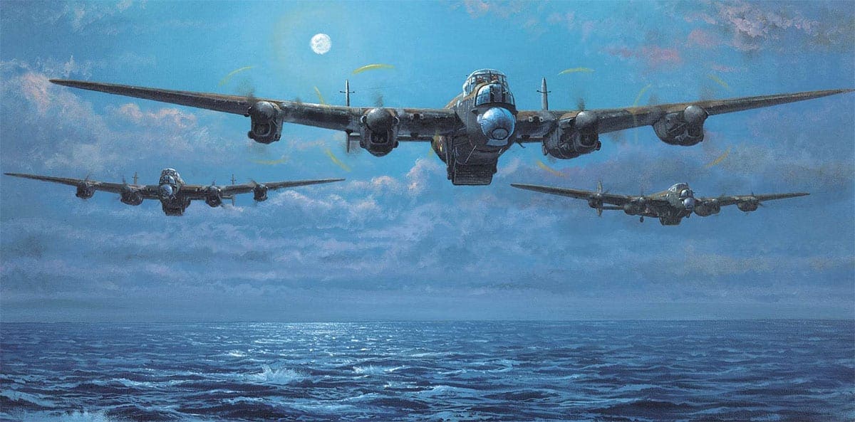 ‘Enemy Coast Ahead’ by Philip E West depicts a wave of three Lancasters of 617 Squadron led by Wg Cdr Guy Gibson as they make their low-level cross-channel dash on the way to the heart of the Ruhr on the night of 16/17 May 1943. Operation Chastise was the codename for the attack on the Möhne, Eder and Sorpe Dams. Courtesy SWA Fine Art Publishers