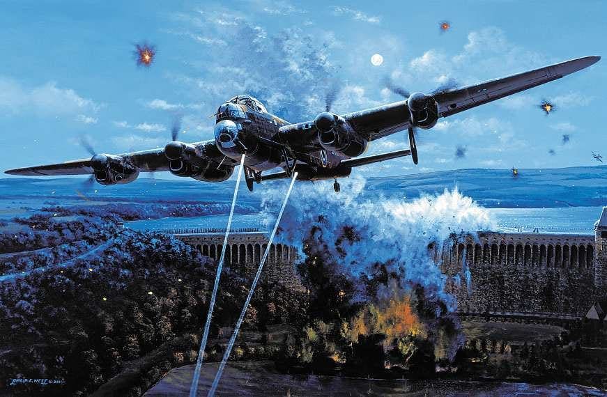 ‘Primary Target’ depicts the final seconds before the Möhne Dam breaches on 17 May 1943, as the bouncing bomb of Flt Lt Maltby’s Lancaster explodes through the structure. Courtesy SWA Fine Art Publishers
