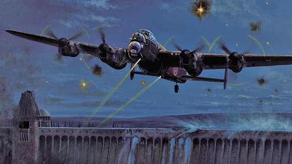 Another painting by Philip E West is ‘Operation Chastise’, depicting Flt Lt Maltby and crew in AJ-J flying clear of the Möhne before their Upkeep mine explodes against, and breaches the dam. Courtesy SWA Fine Art Publishers