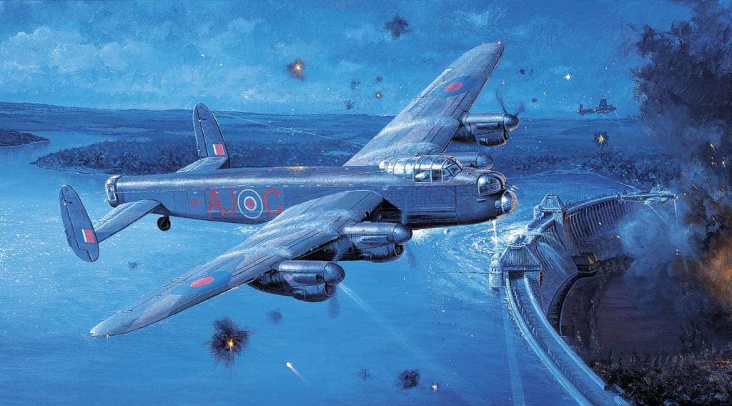 ‘Eye of the Storm’ by Philip E West features Wg Cdr Gibson’s Lancaster in the foreground and Flt Lt Martin’s in the distance, both drawing flak away from Sqn Ldr Young’s aircraft after it has dropped its ‘bouncing bomb’ and makes its escape over the Möhne Dam. Courtesy SWA Fine Art Publishers