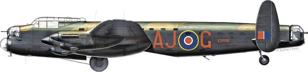 Profile artwork depicting Wg Cdr Guy Gibson’s Lancaster B.III (Special) ED932 AJ-G fitted with an Upkeep for Operation Chastise. Juanita Franzi/Aero Illustrations © 2009