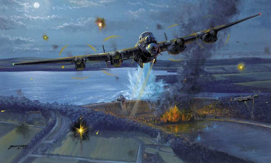 Wg Cdr Guy Gibson is shown drawing defensive fire away from Flt Lt Maltby’s aircraft as it passes over the Möhne, just as his mine explodes and breaches the dam, in Philip E West’s ‘Night of Heroes’. Courtesy SWA Fine Art Publishers