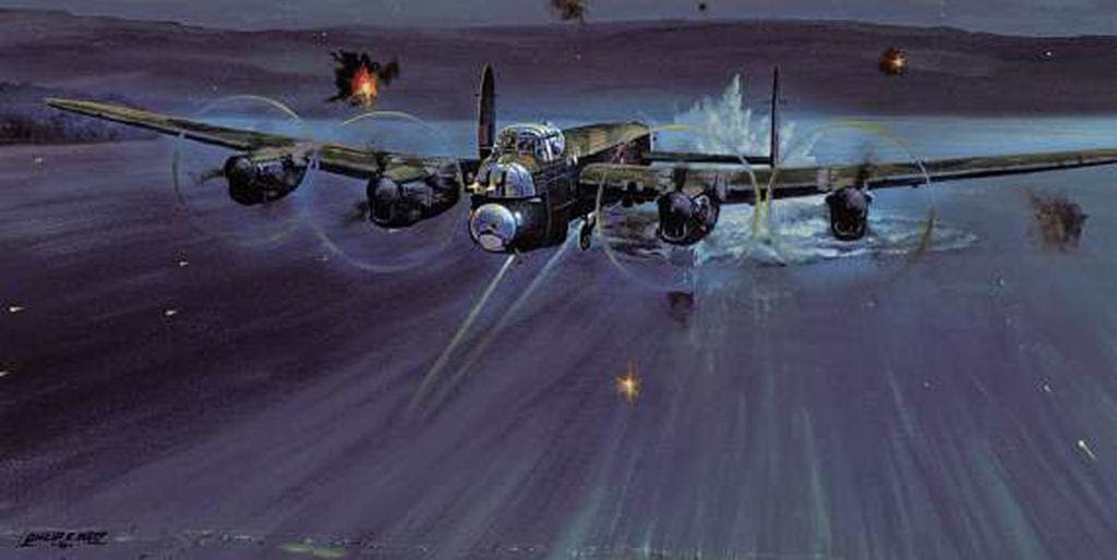 ‘Every Second Counts’ by Philip E West portrays the Lancaster of Wg Cdr Guy Gibson and crew having just released the first Upkeep of the Dams raid against their primary target, the Möhne Dam. Courtesy SWA Fine Art Publishers