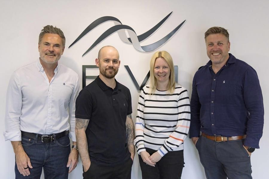 (L-R)- Managing Director of Nevis Marketing - Scott Empson, Chris and Lucy Crutwell - Co-founders of Riderr and Toby Dixon - Sales Manager at Nevis Marketing.