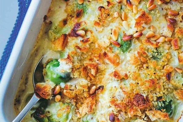Brussel Sprout & Cheese Bake with Crispy Shallots