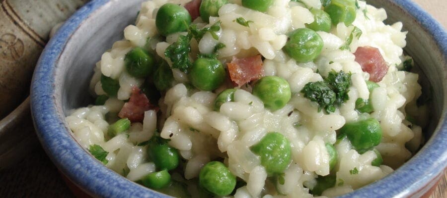 Pea risotto with pancetta and Parmesan