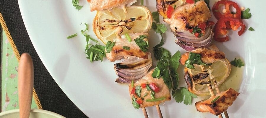GRILLED SALMON KEBABS WITH A CHILLI HERB DRESSING