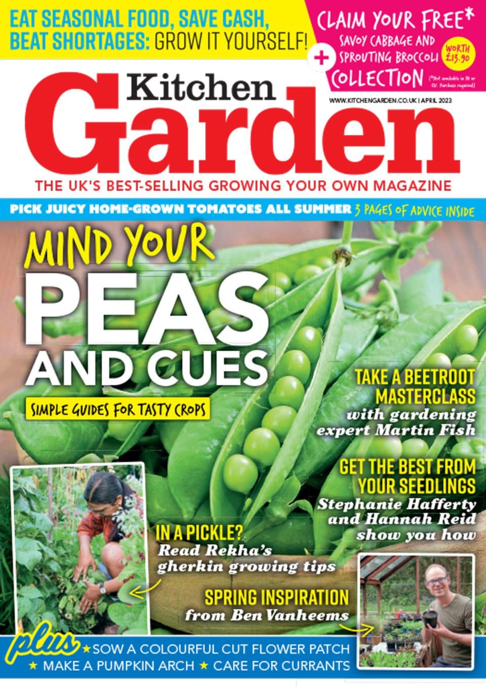 Kitchen Garden April 2023 edition cover with 'Mind Your Peas and Cues' written on the front, along with the main image being a photo of peas in pods. 