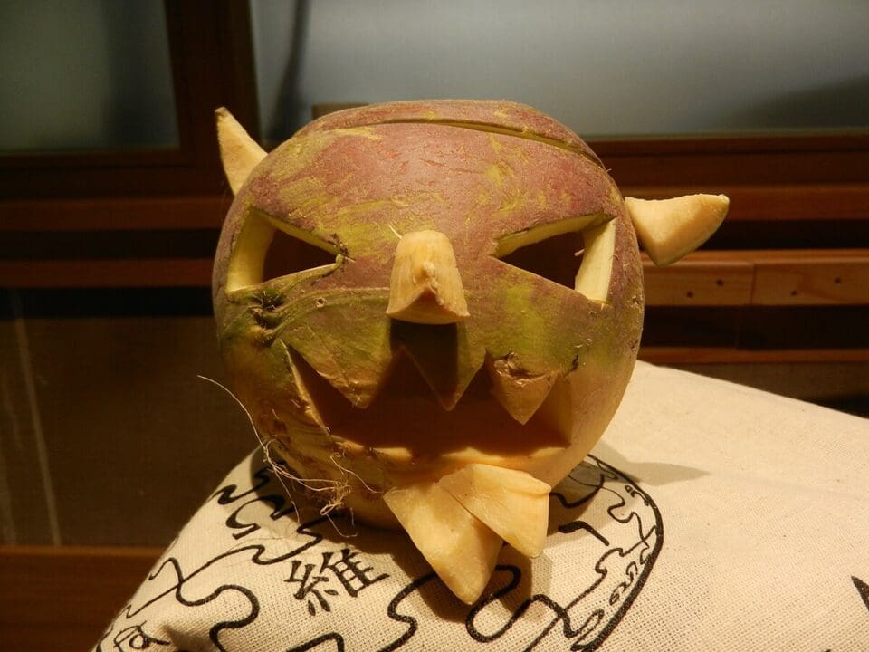 A turnip with a carved face to ward off evil spirits according to folklore