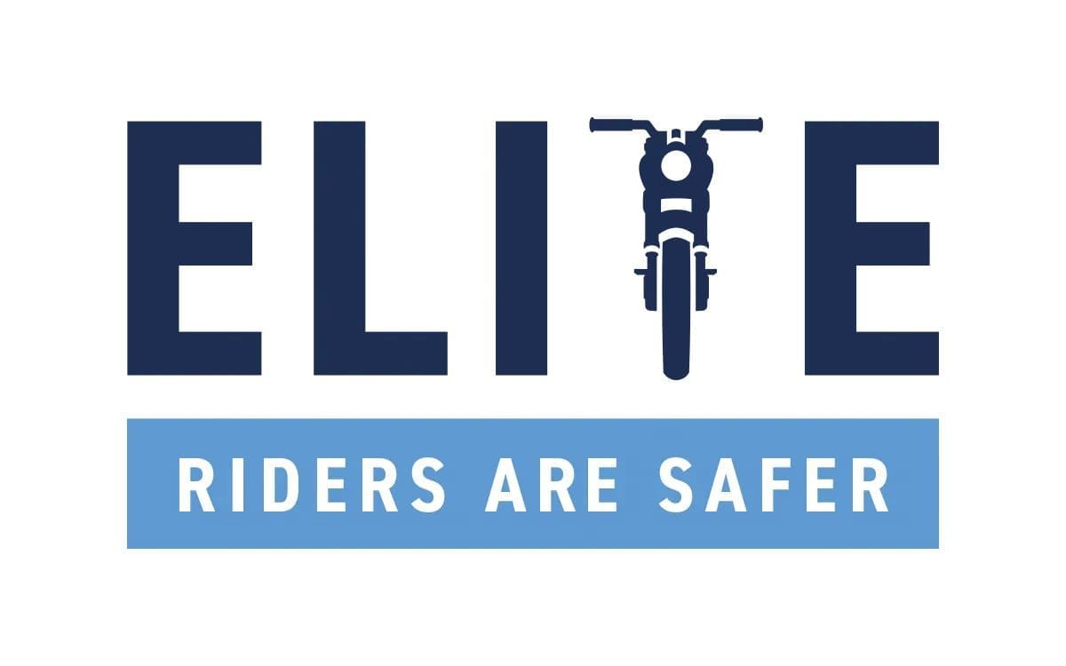 ELITE logo with motorbike creating T and reads riders are safer underneath, in a blue box.